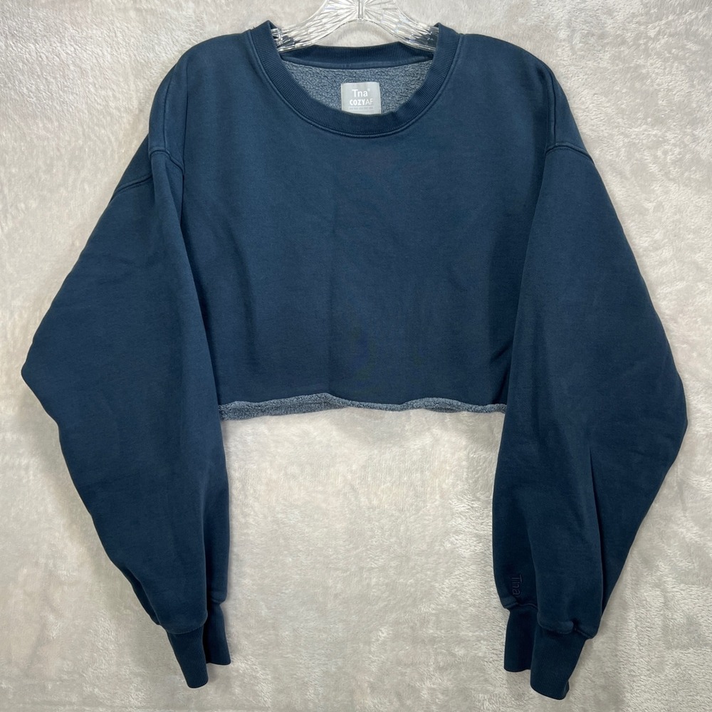 Aritzia TNA CozyAF Cropped Fleece Sweatshirt Navy Blue Women's Size 2 Cozy Girl